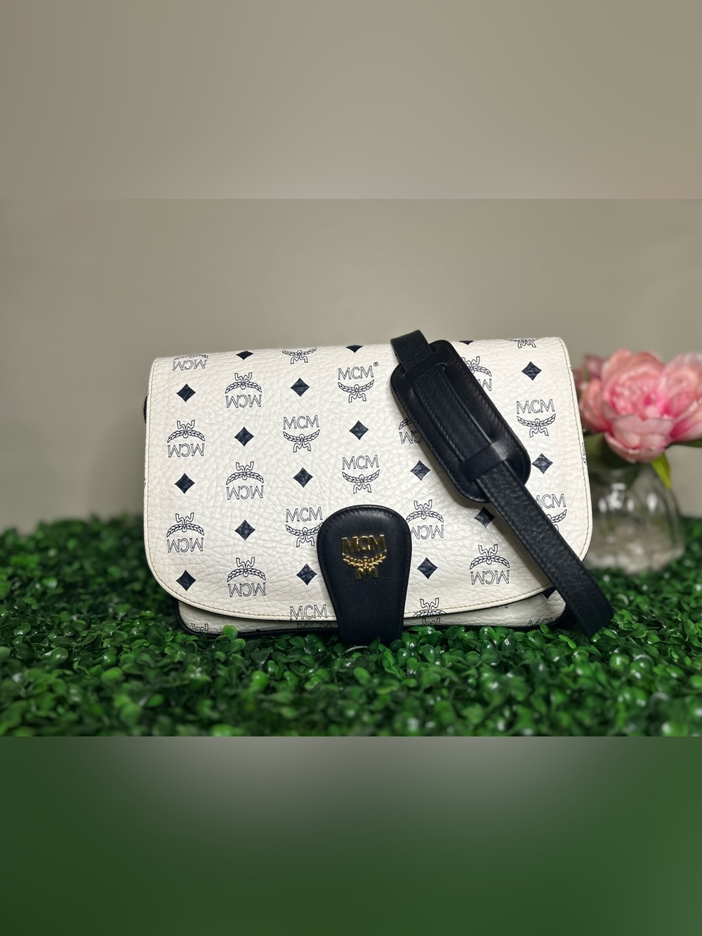 Vintage MCM White Navy Visetos Crossbody Shoulder Bag Gold Hardware